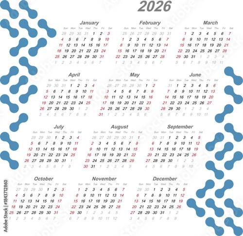 Calendar vector template for 2026 year. Week Starts on Sunday. Transparent background EPS version.	