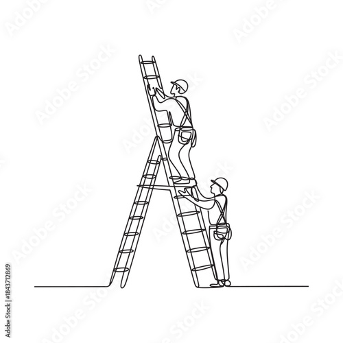 Construction workers collaborating on a project using a ladder for elevated work