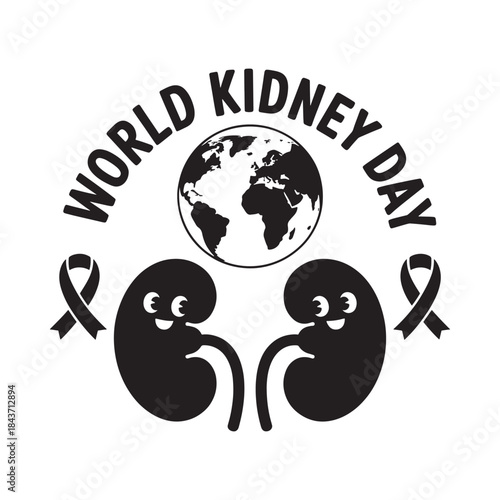 World kidney day awareness ribbon and human kidneys illustration with globe symbol