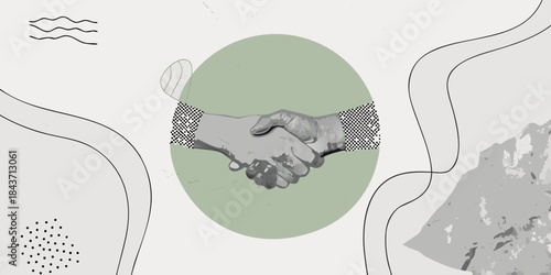 A symbolic illustration of a handshake within an abstract artistic design