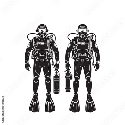 Two scuba divers in full gear facing forward in a black and white illustration