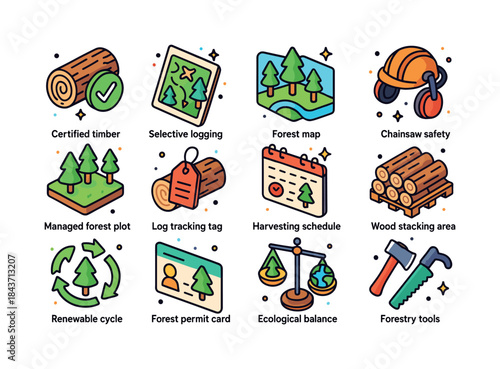 Sustainable Forestry Icons. Sustainable forestry. Colorful isome