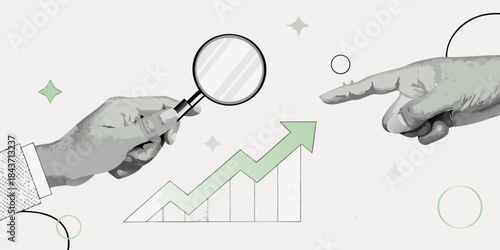 Analyzing growth hands pointing towards an upward trend with a magnifying glass
