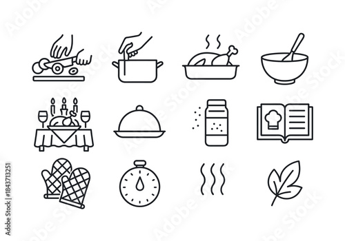 Festive Meal Icon Set. Preparing a Festive Meal. Line icon set o