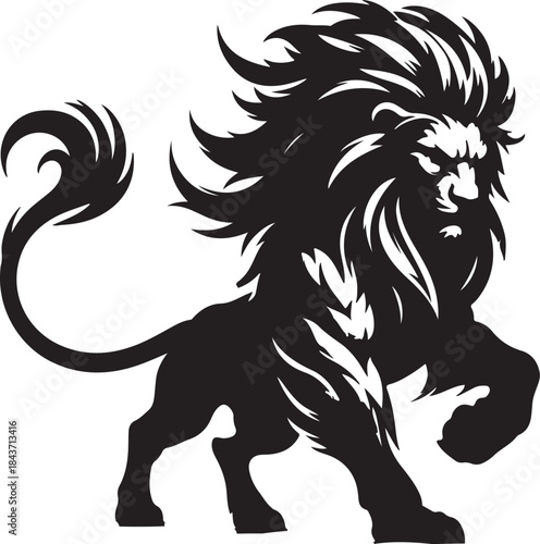 Dynamic black silhouette of a powerful lion in a warrior pose, featuring an elaborate, flowing mane and a strong, determined expression.