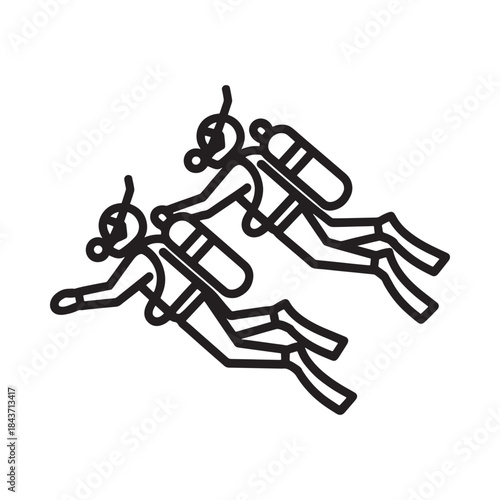 Two scuba divers depicted in a simple black and white line art illustration