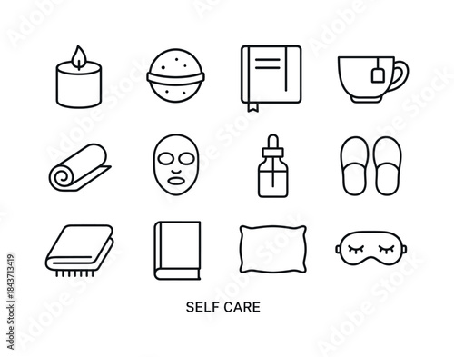 Self Care Icons Set. Self care. Line icon set of self care: cand