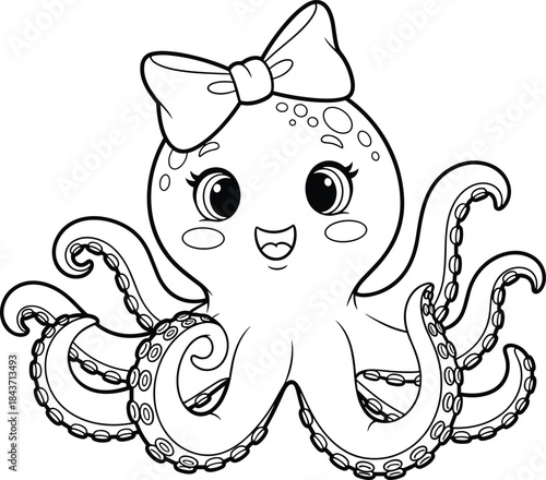 Cute cartoon octopus with bow, smiling face, tentacles and suction cups, kids art, flat vector