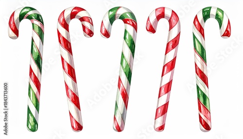 Watercolor illustration of five traditional Christmas candy canes with red green and white stripes.