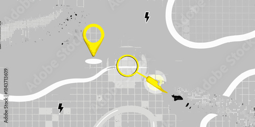Map illustration with yellow location pins and winding road details