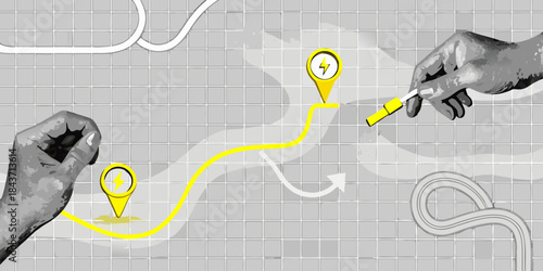 Hands drawing a yellow route with location pins on a grid map