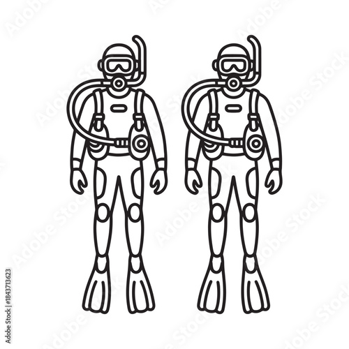 Line art illustration of two scuba divers facing forward fully equipped
