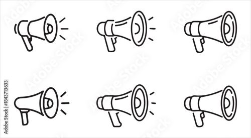 Set of black line megaphone vector icons isolated on white background symbol announcement