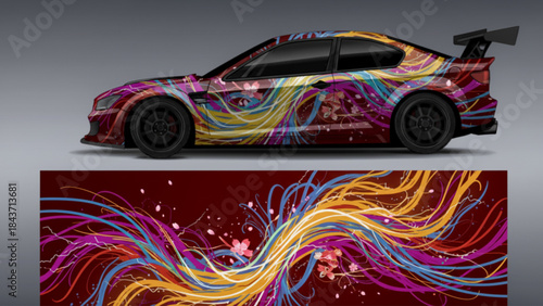 A sports car with a vibrant, abstract, colorful wavy graphic design featuring cherry blossoms, suitable for vehicle wrapping.