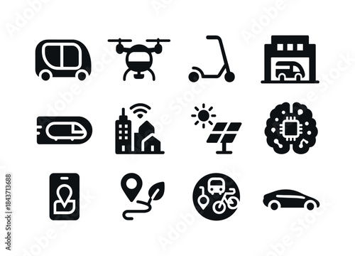Future Mobility Icons. Future mobility. Solid icon set of Future