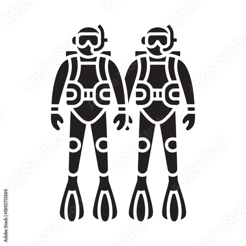 Two scuba divers in full gear a simple glyph illustration