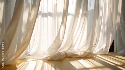 White sheer curtains blowing in wind at open window with bright sunlight and long shadows
