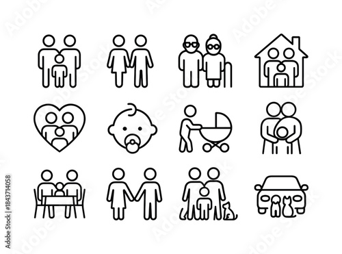 Family Icon Set. Family. Line icon set of Family: parents with c