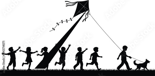 Black silhouette of happy children and a dog running on grass, joyfully chasing a flying kite under the summer sky, celebrating childhood and freedom.