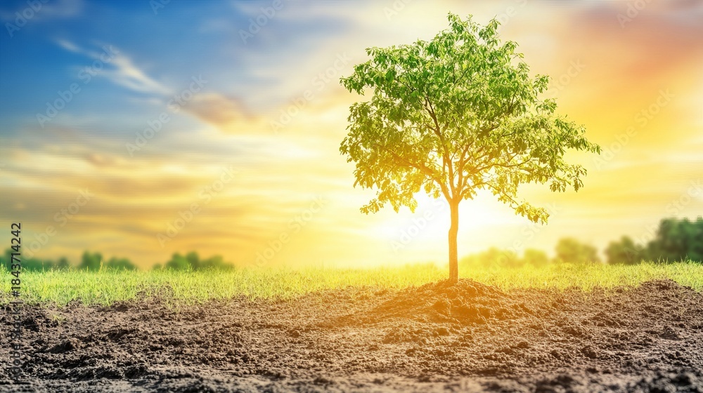 Obraz premium Lone Tree in Sunlit Field at Sunset