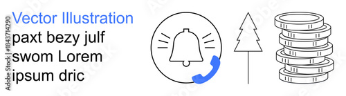 Notifications, nature conservation, financial planning, alerts, communication, sustainability. Bell with phone, tree outline coin stack. Notifications and nature conservation visualization