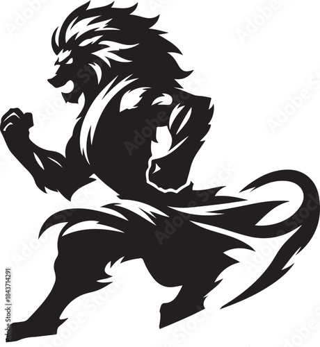 Stylized black silhouette of a powerful, aggressive lion in a dynamic, running warrior pose with a striking mane.