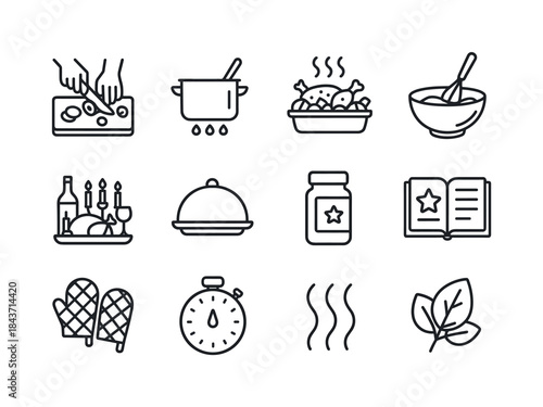 Festive Meal Icon Set. Preparing a Festive Meal. Line icon set o
