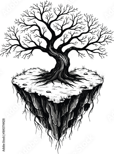 Leafless tree on floating land, surreal silhouette, fantasy nature, barren roots, mystical landscape, flat vector