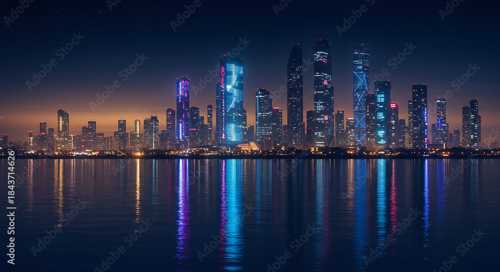 Fototapeta premium Futuristic City Skyline at Night with Water Reflections