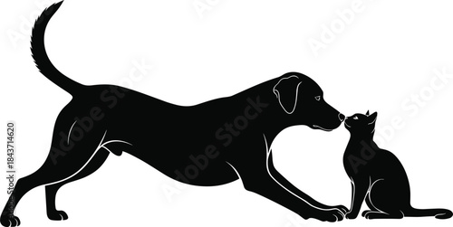Black Silhouette Vector Illustration of a Friendly Dog in a Play Bow Position Gently Sniffing a Sitting Cat, Symbolizing Friendship, Harmony, and Inter-Species Trust