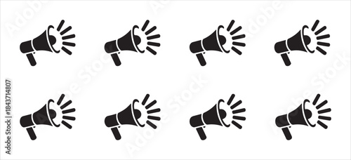 Eight black megaphones with sound waves are arranged in two rows on white background