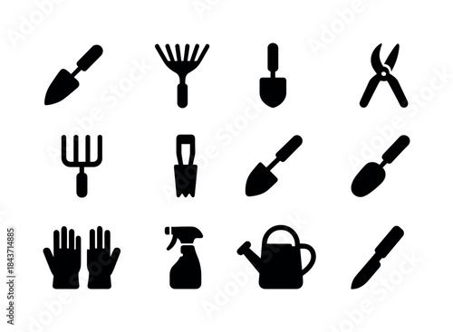 Garden Tools Icons. Garden hand tools. Solid icon set of Garden