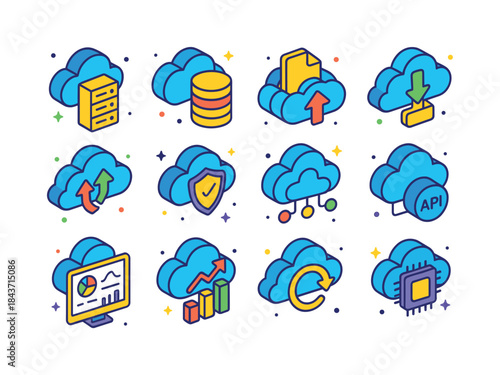 Colorful Cloud Icons Grid. Cloud computing concept. Colorful iso