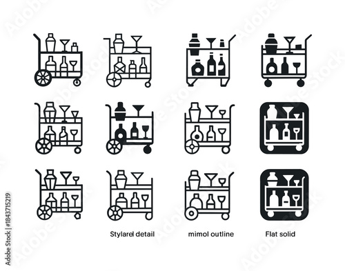 Stylish Bar Cart Logos. Stylish Bar Cart with Liquor and Glasswa
