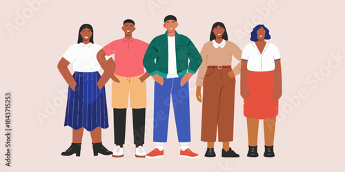 A diverse group of people standing together in fashionable modern clothing