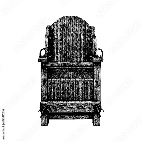 Ancient torture chair, crafted from rough wood and metal restraints, symbolizing fear, punishment, and the brutal methods of historical interrogation in medieval times.