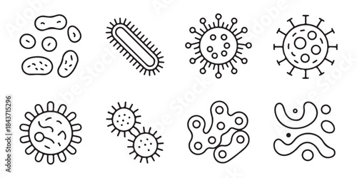 Set of outline bacteria and virus icons in various shapes and forms, isolated on white background