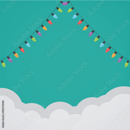 Colorful Christmas String Lights Background with Cloud Paper Cut Style Vector