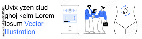 Technology, teamwork, health awareness, business transactions, professional communication, smart devices. Voice recorder UI, two people shaking hands and body . Technology and teamwork illustrations