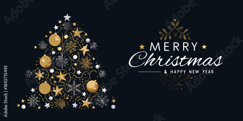 Festive christmas tree illustration with golden ornaments and a merry message