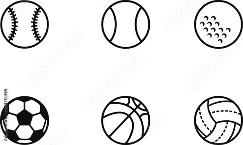 Sports ball icon set, baseball, tennis, golf, soccer, basketball, volleyball, equipment symbols, black outline, flat vector