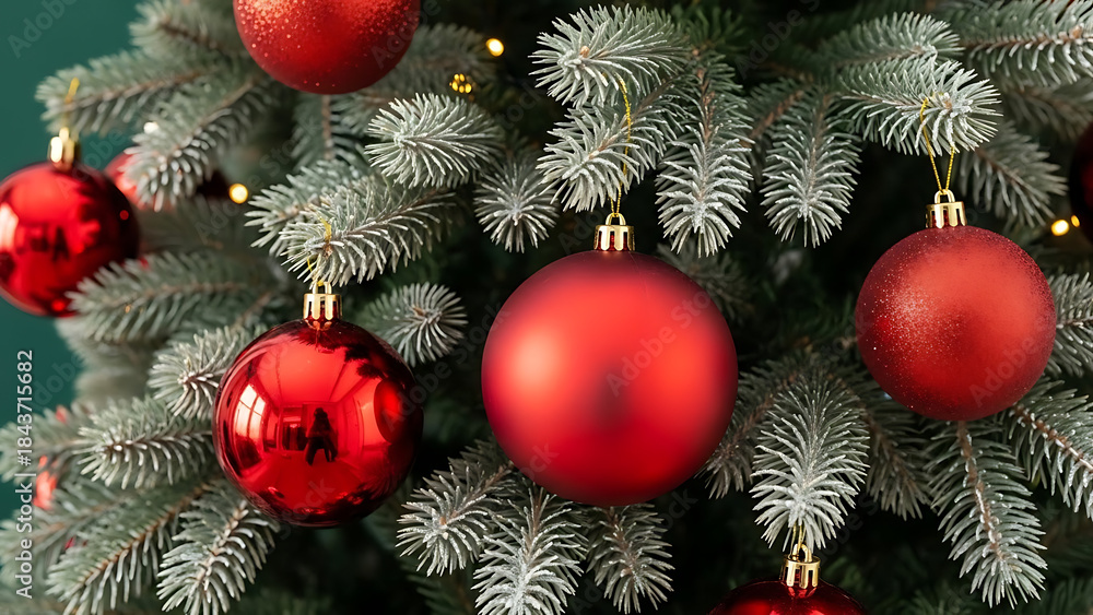 Fototapeta premium Close-up of festive red Christmas baubles adorning a green fir tree, celebrating the holiday season