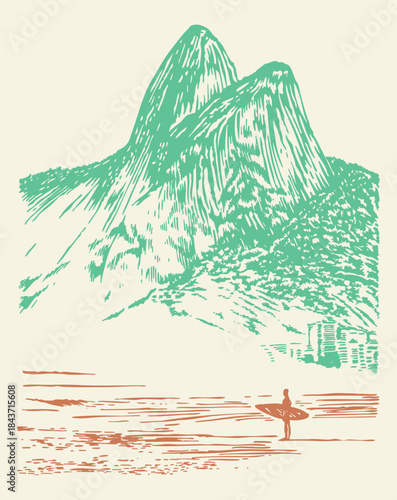 Illustration of a surfer riding a wave on a beach in Rio de Janeiro, Brazil.