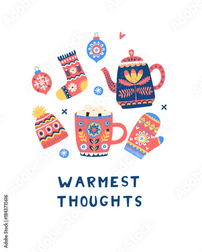 Warm Winter Hygge Set with Teapot, Mug, Mittens and Ornaments, Cozy Holiday Illustration