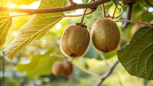 Closeup of ripe kiwis hanging from a branch in a kiwi orchard, illuminated by the warm glow of the setting sun in the background