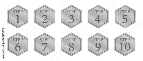 グレー系トーンで統一した六角形フォルムの、STEP1〜10対応ステップインジケーター素材