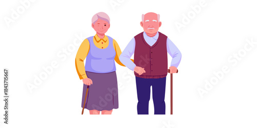 An illustration of an elderly couple standing closely together smiling gently