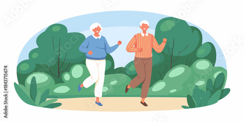 An elderly couple enjoys a healthy morning jog together in the park
