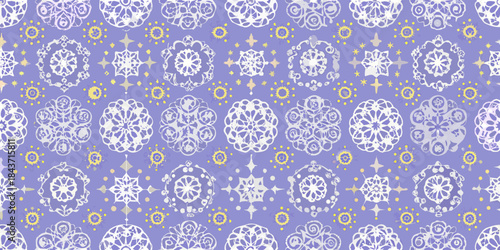 Intricate floral and geometric pattern on a lilac and white background