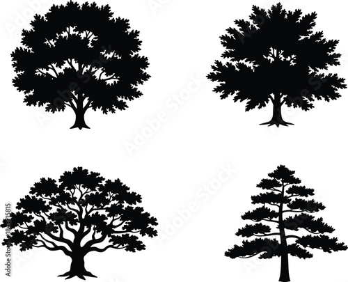 Tree silhouette collection, diverse shapes and branching styles, botanical icons, forest design elements, black outline, flat vector